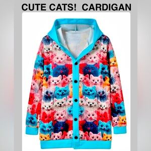CAT CARDIGAN hooded oversized button down graphic cats sweater size L NWT